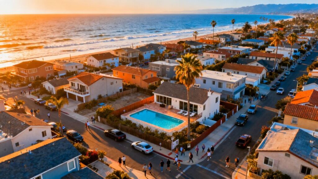 Florida housing market with houses and coastline.