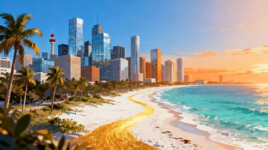 Montreal skyline and Florida beach with investment flow.