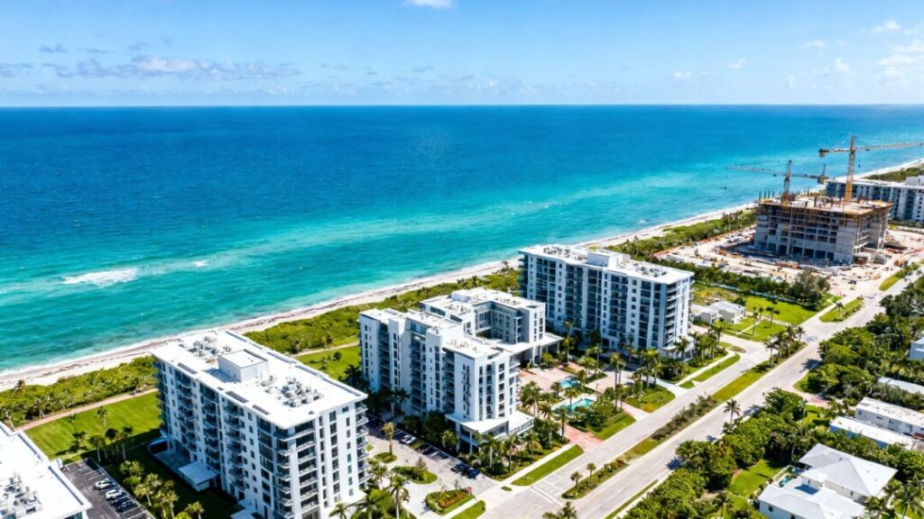 Florida coast with new buildings and ocean.