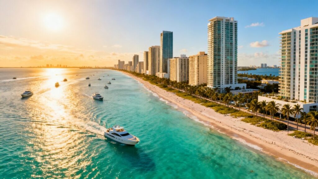 Miami skyline and coastline with luxury condos and beaches.
