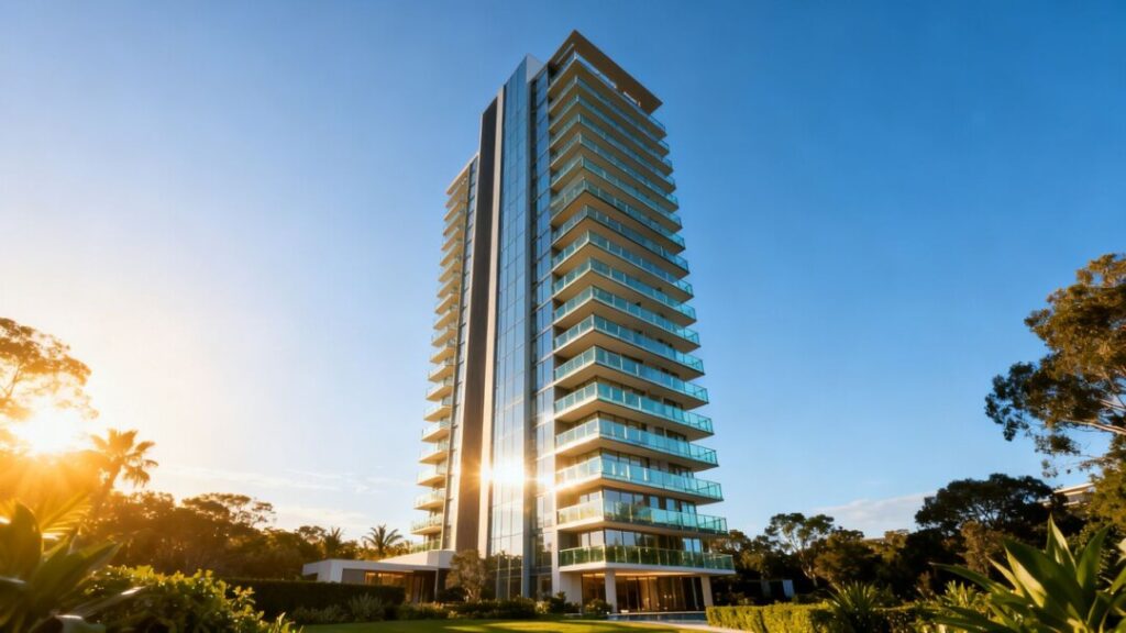 Modern residential tower against a blue sky.