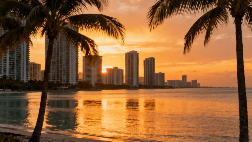 Miami skyline with ocean and palm trees.