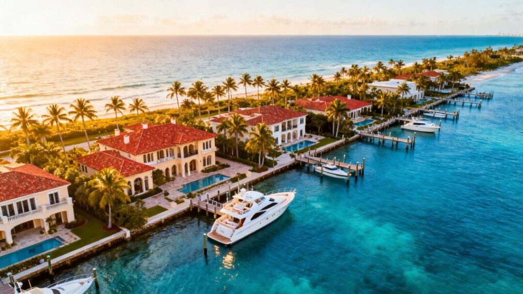 Florida mansions and yachts along sunny coastline