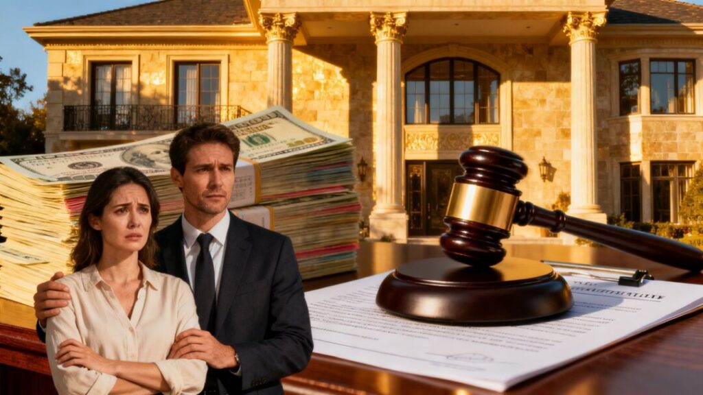 Couple in front of mansion with money and gavel.