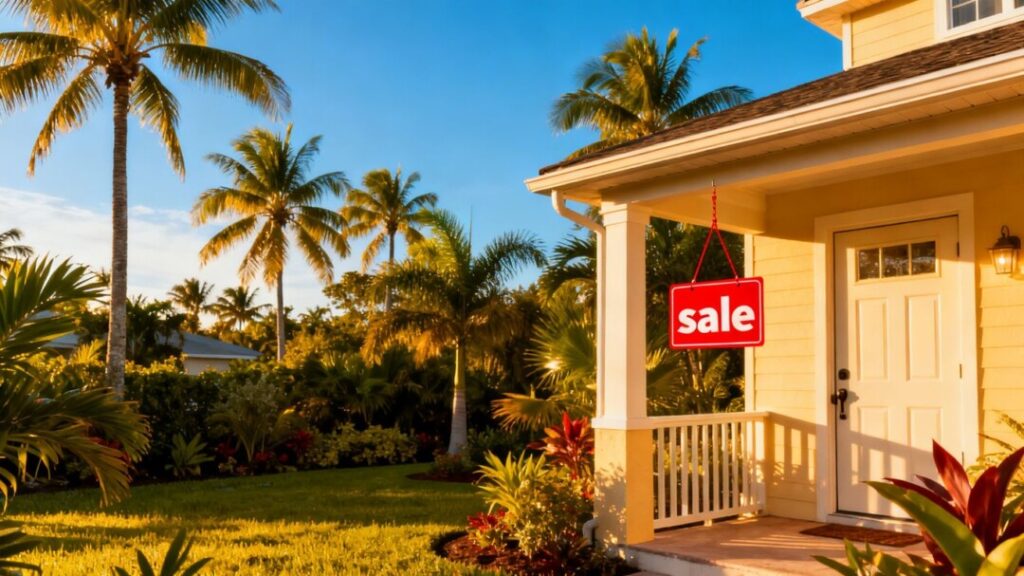 Florida home with sale tag, tropical garden, palm trees.