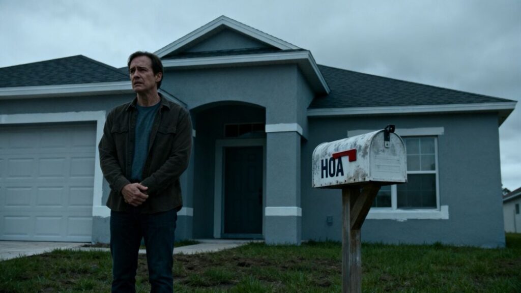 New home with HOA mailbox, homeowner looks worried.