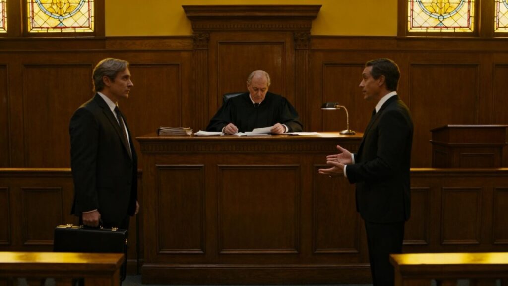 Courtroom scene with judge and lawyers during a legal dispute.