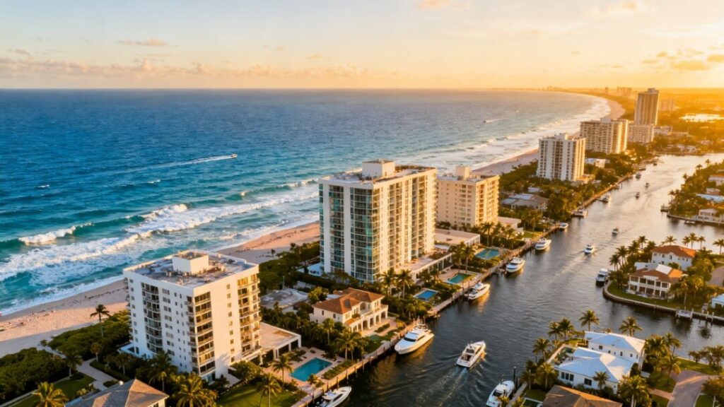 Florida coastline with modern buildings and ocean views.