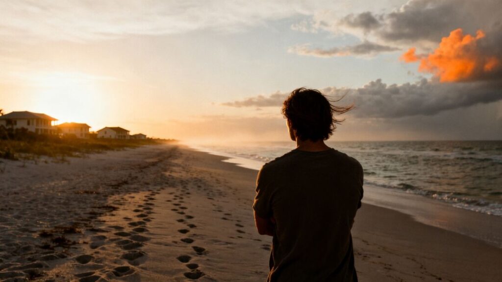Florida coast with a lone figure observing the ocean.