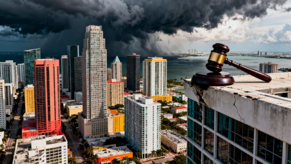 Miami skyline under storm clouds with a gavel.