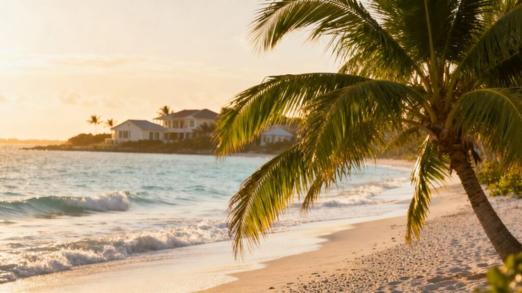 Florida coastline with houses and palm trees.