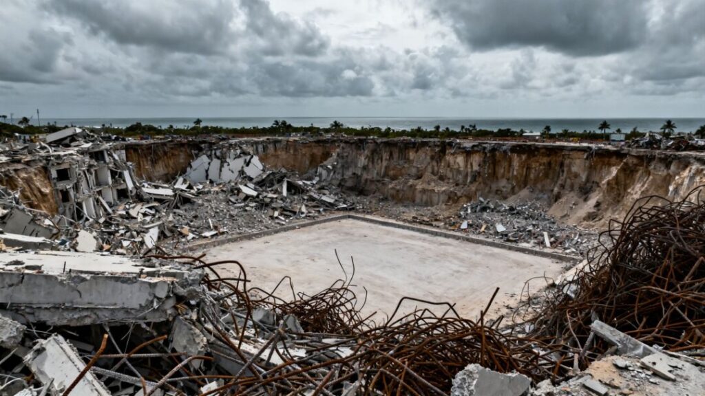 Aerial view of the Surfside condo collapse site and surrounding area.