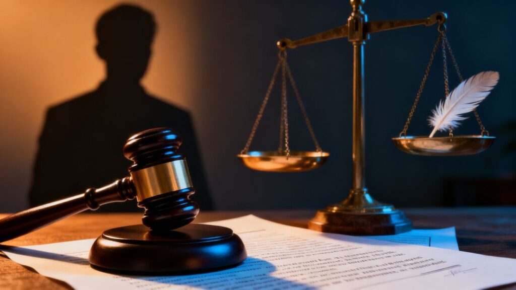 Gavel striking document, scales of justice tilted.