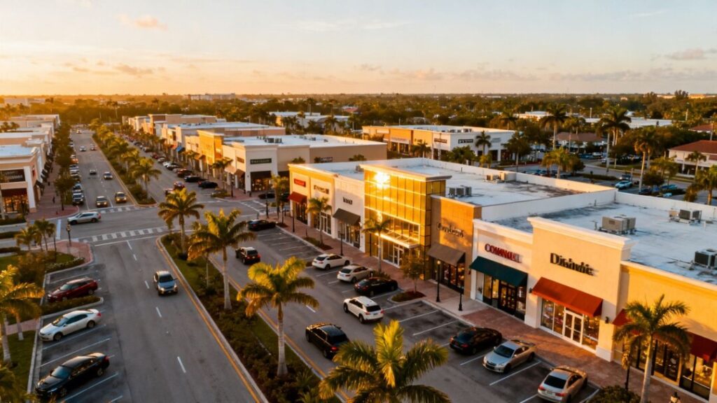 Florida retail stores and palm trees under bright sunlight.