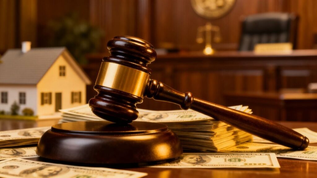 Gavel striking money, house, and courtroom background.