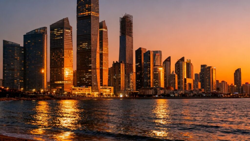 Miami skyline with skyscrapers and ocean at sunset.