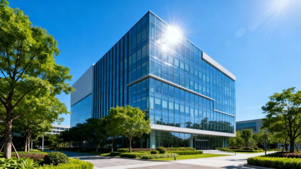 Modern office building exterior with glass facade.