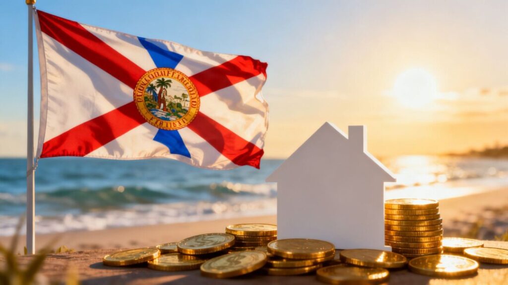 Florida flag and house silhouette with coins.