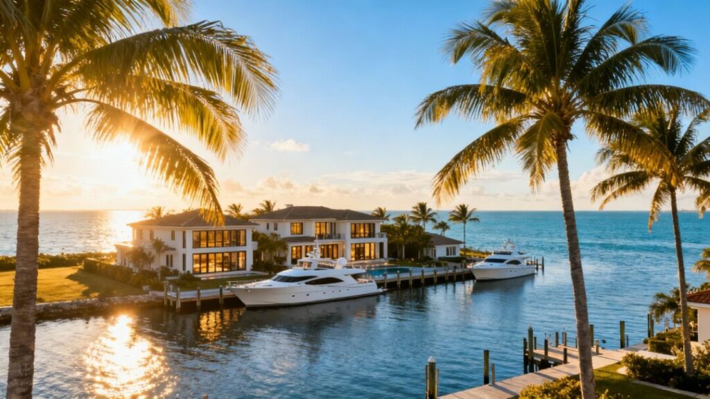Florida luxury homes and coastline with clear blue sky.