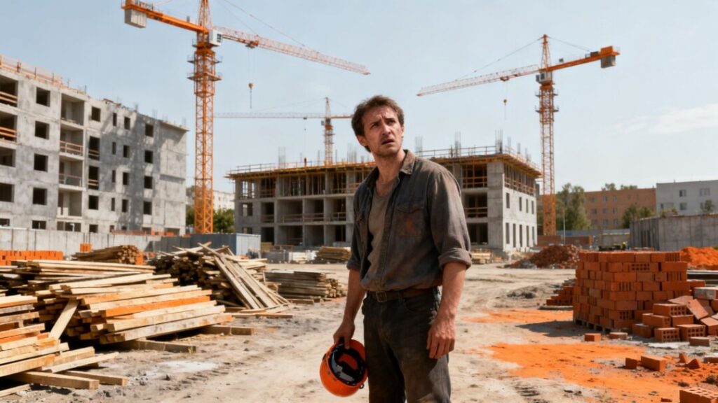 Construction site with unfinished buildings and worried worker.