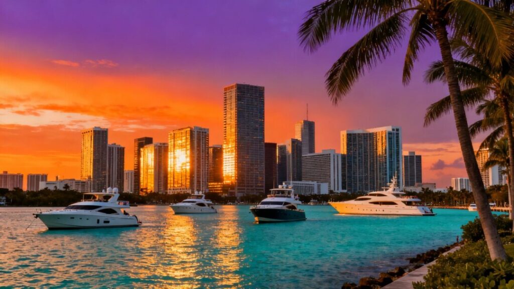 Miami skyline with skyscrapers and yachts at sunset.