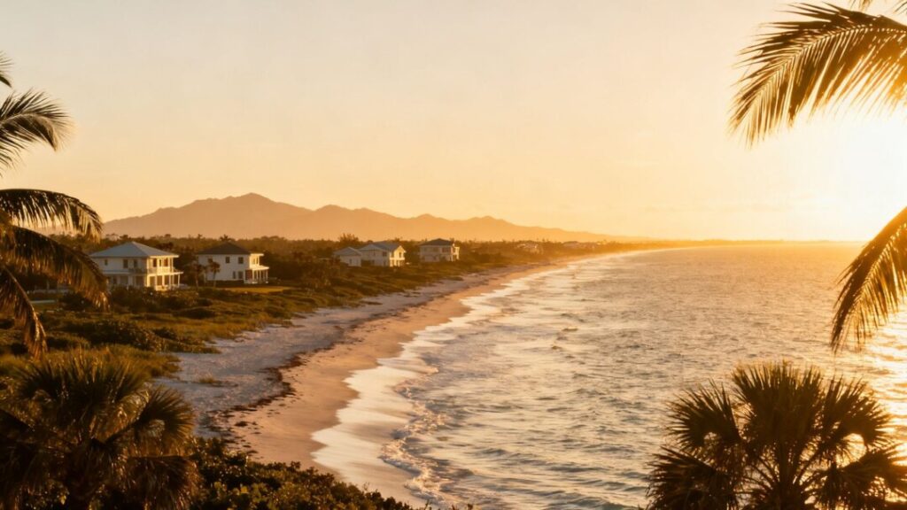 Florida coast with distant mountains, palm trees.