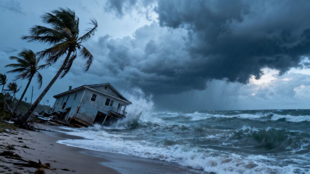 Florida coast with submerged house and storm clouds.