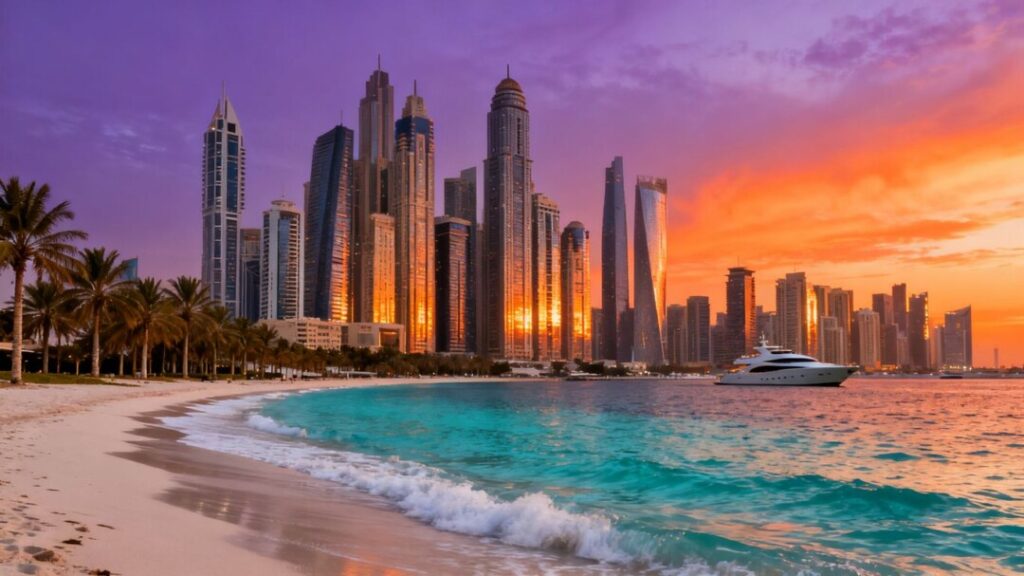 Miami skyline and ocean view at sunset.