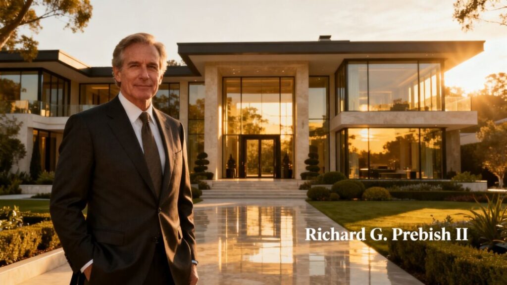 Richard G. Prebish II in front of a luxury mansion.