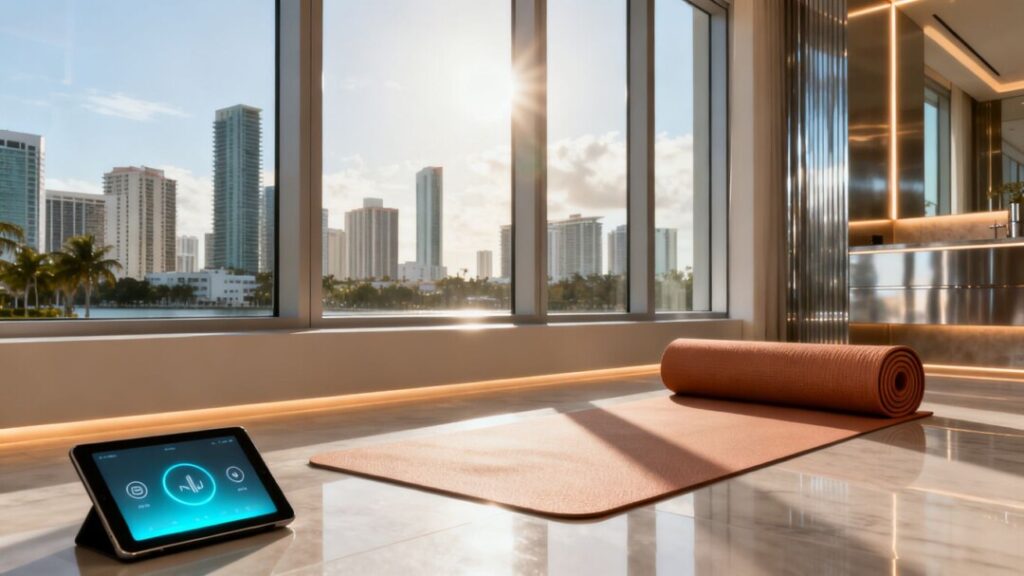 Luxury Florida condo with skyline view, smart tech, and wellness elements.