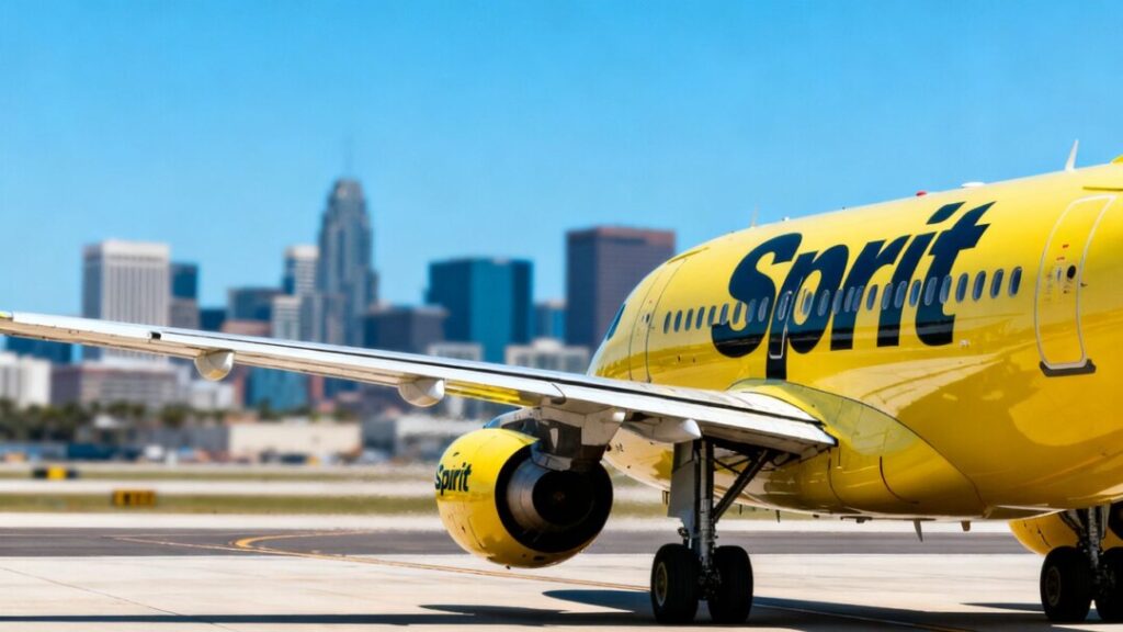 Spirit Airlines plane at airport with city skyline.