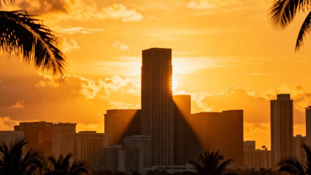Florida skyline with skyscraper and sunset.