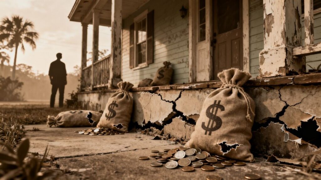 Florida home with money bags and a shadowy figure.