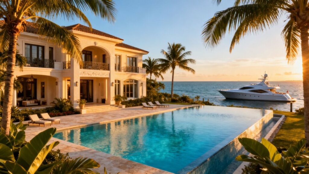 Luxury Florida mansion with pool and yacht.