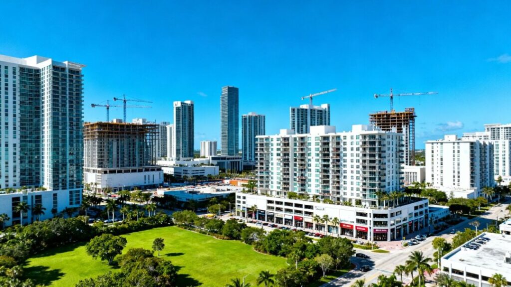 Florida cityscape with new mixed-use and multifamily buildings.