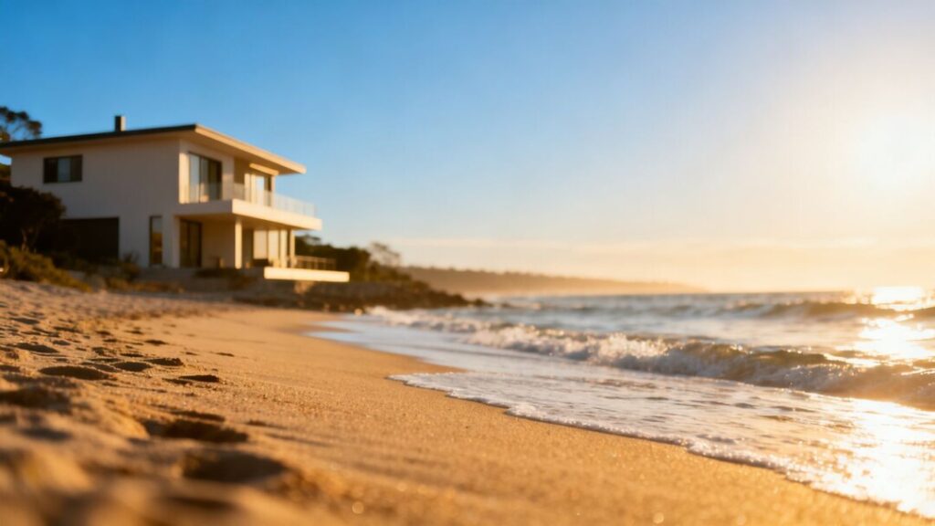 Florida coastline with a modern house and ocean waves.