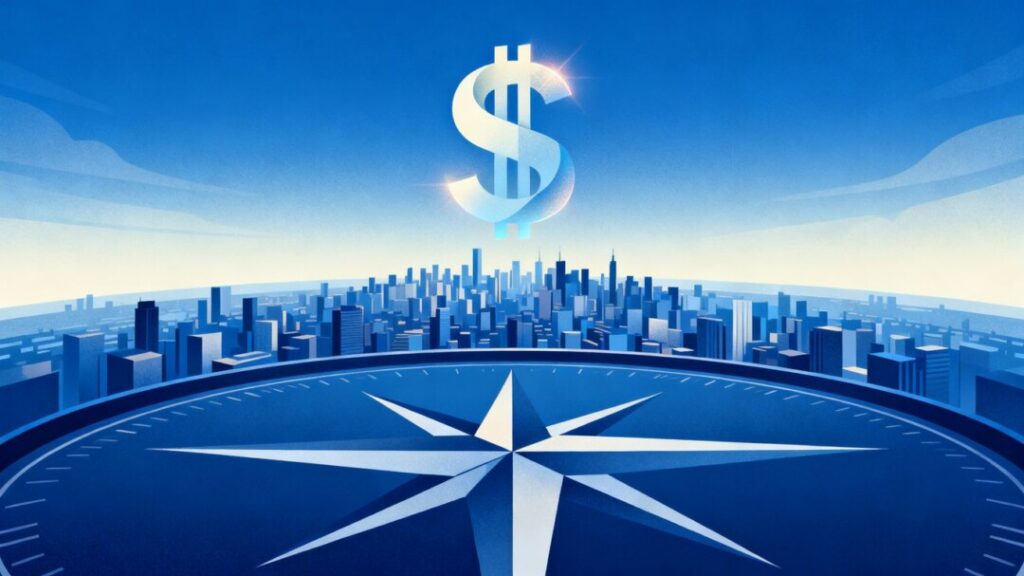 Compass and cityscape with a dollar sign.