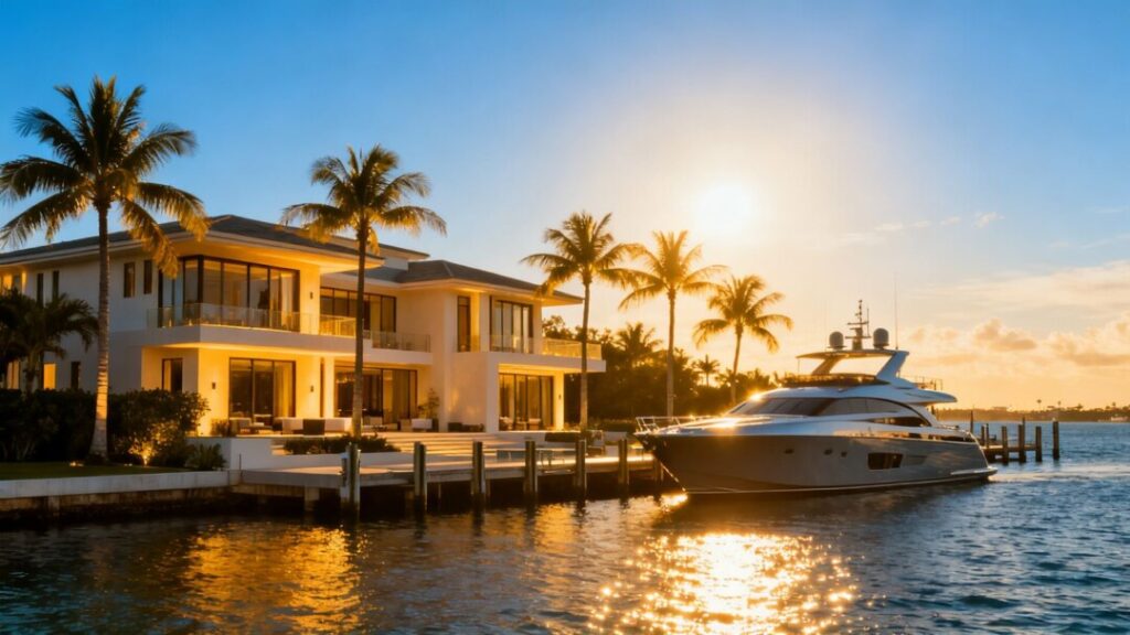South Florida luxury mansion with yacht and ocean view.