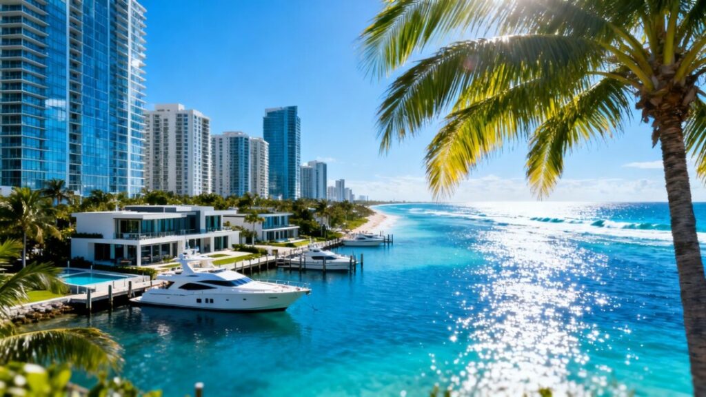 Luxury condos and yachts along South Florida waterfront