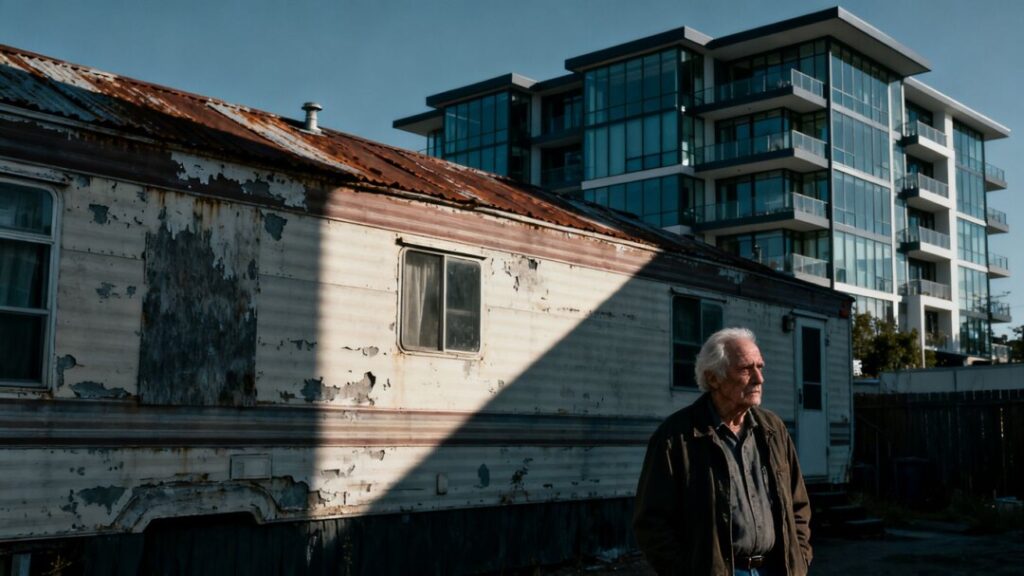 Elderly man outside trailer, condo in background.