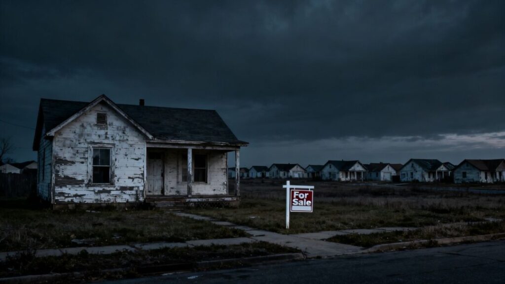 Foreclosed house with a sale sign, darkening sky.