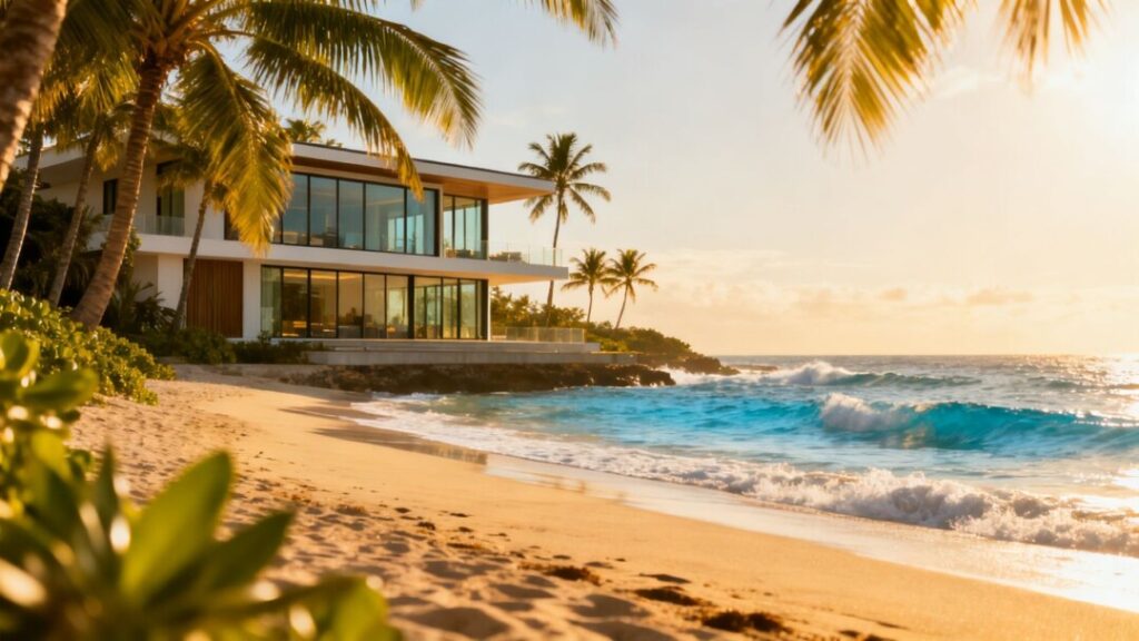 Florida coastline with a house and palm trees.