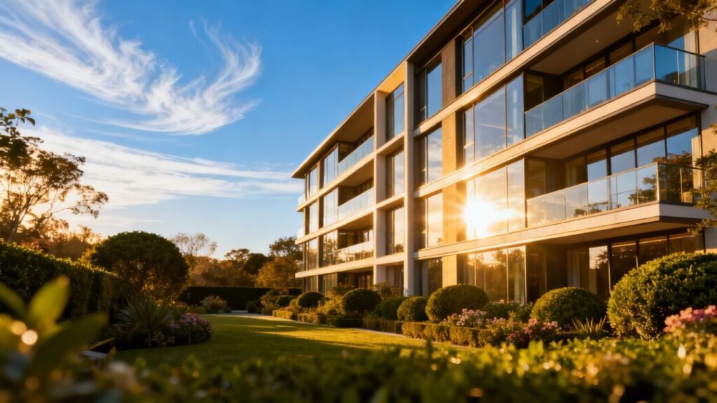 Luxury apartment building with green landscaping and clear sky.
