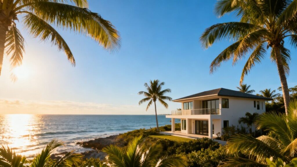 Florida coastline with a house and palm trees.