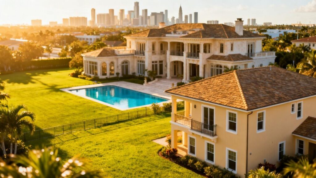 Florida mansion and cityscape contrasting with a smaller home.