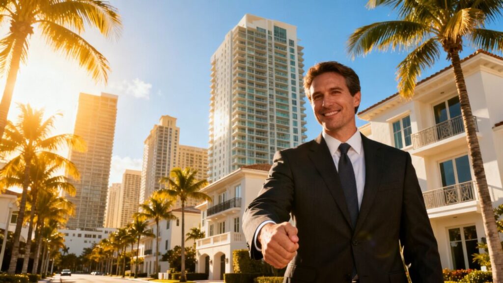 Businessmen shaking hands in front of Florida buildings