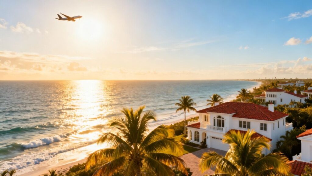 Florida coastline with luxury homes and palm trees.