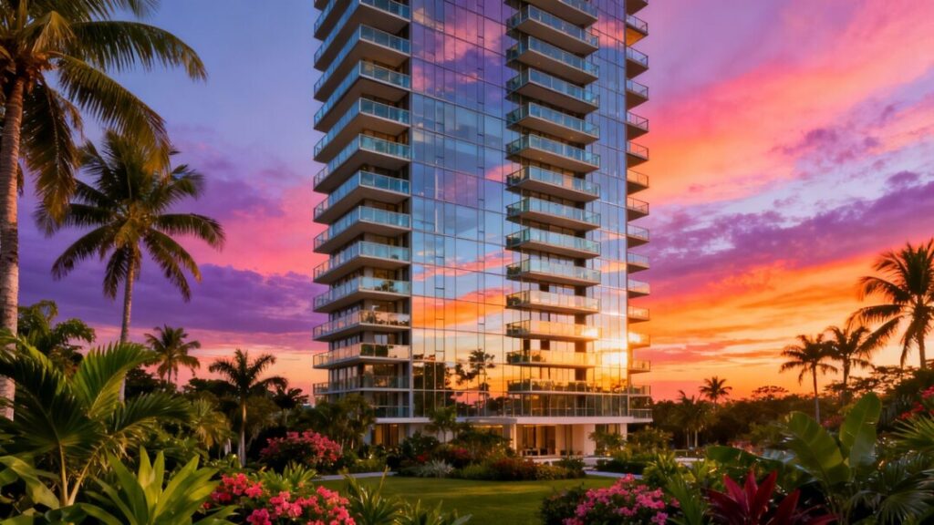 Modern residential tower at sunset in Fort Lauderdale.