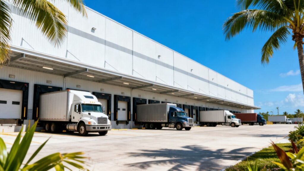 Warehouse near Miami International Airport with trucks.