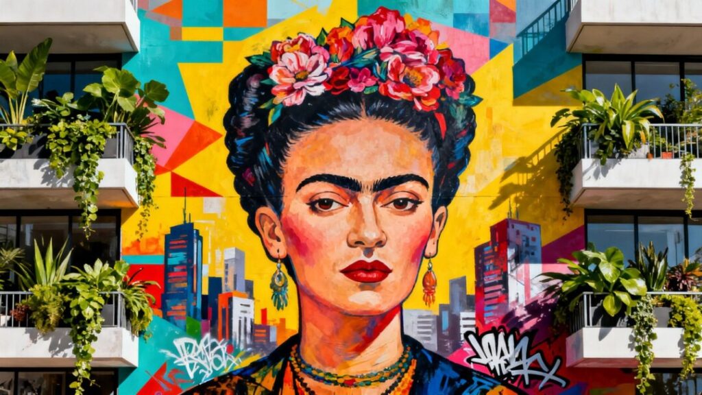 Mural of Frida Kahlo on a building with plants.